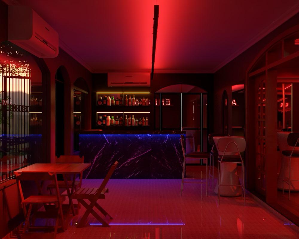 Bar interno da Enigma com balcão iluminado e luz vermelha